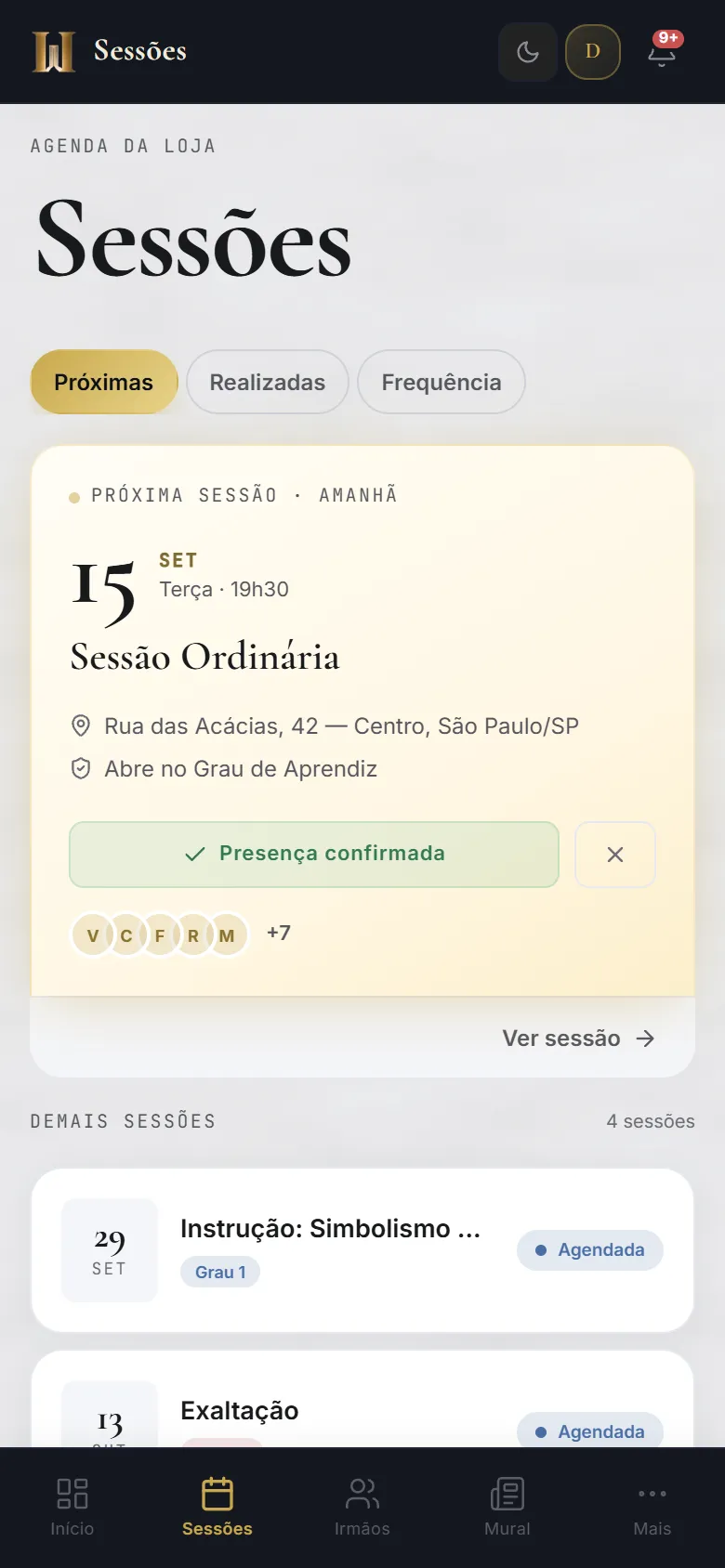Tela de Sessões do Hermes: a próxima Sessão em destaque, com data, local e o grau em que abre, e o botão de confirmar presença.